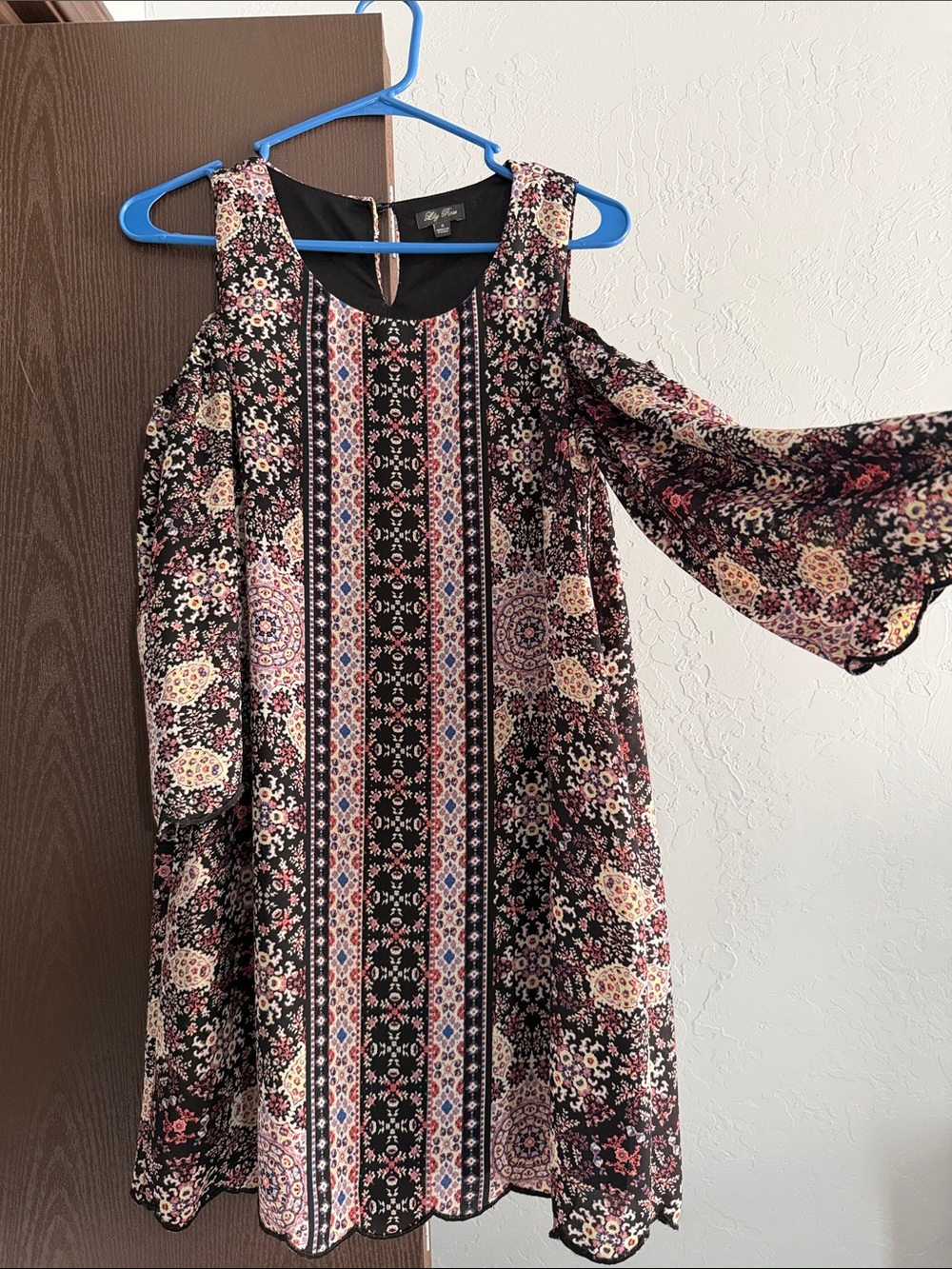 Lily Rose Black Floral Cold-Shoulder Dress with Pink and Cream Accents